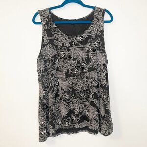 J. Jill Wearever Collection Gray & White Dark Floral Tank Top Sleeveless Size L